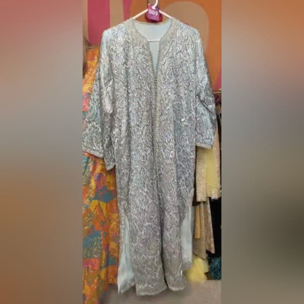 Kaftan Dress Metallic Silver Embellished Gown Button Down Vintage 60s Slit  L/XL